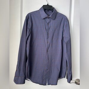 Bugatchi Men's Blue and Brown Plaid Shirt